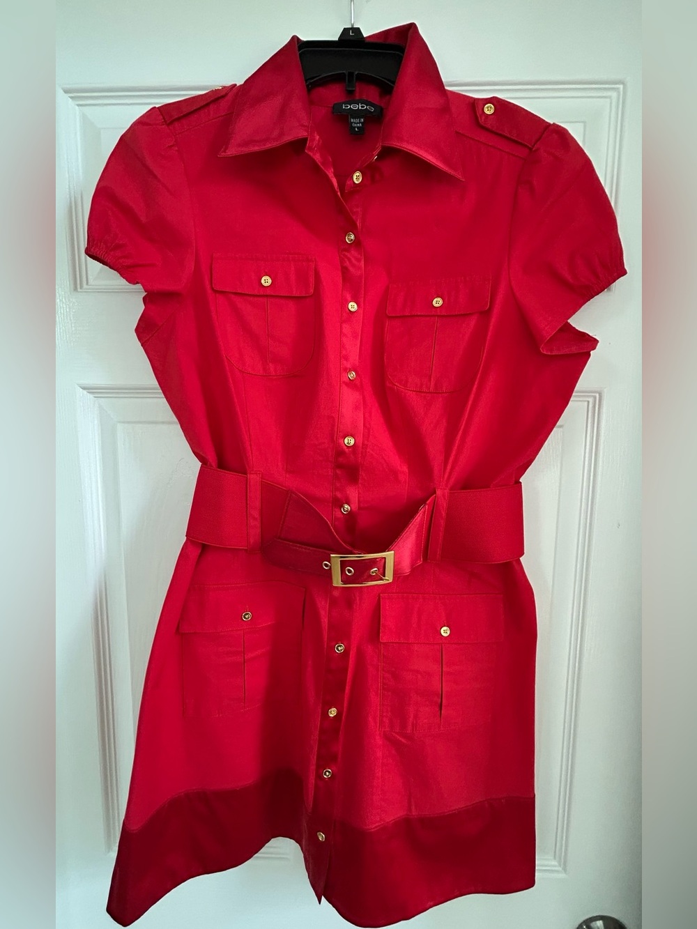 bebe Red Button-Front Shirt Dress with Belt